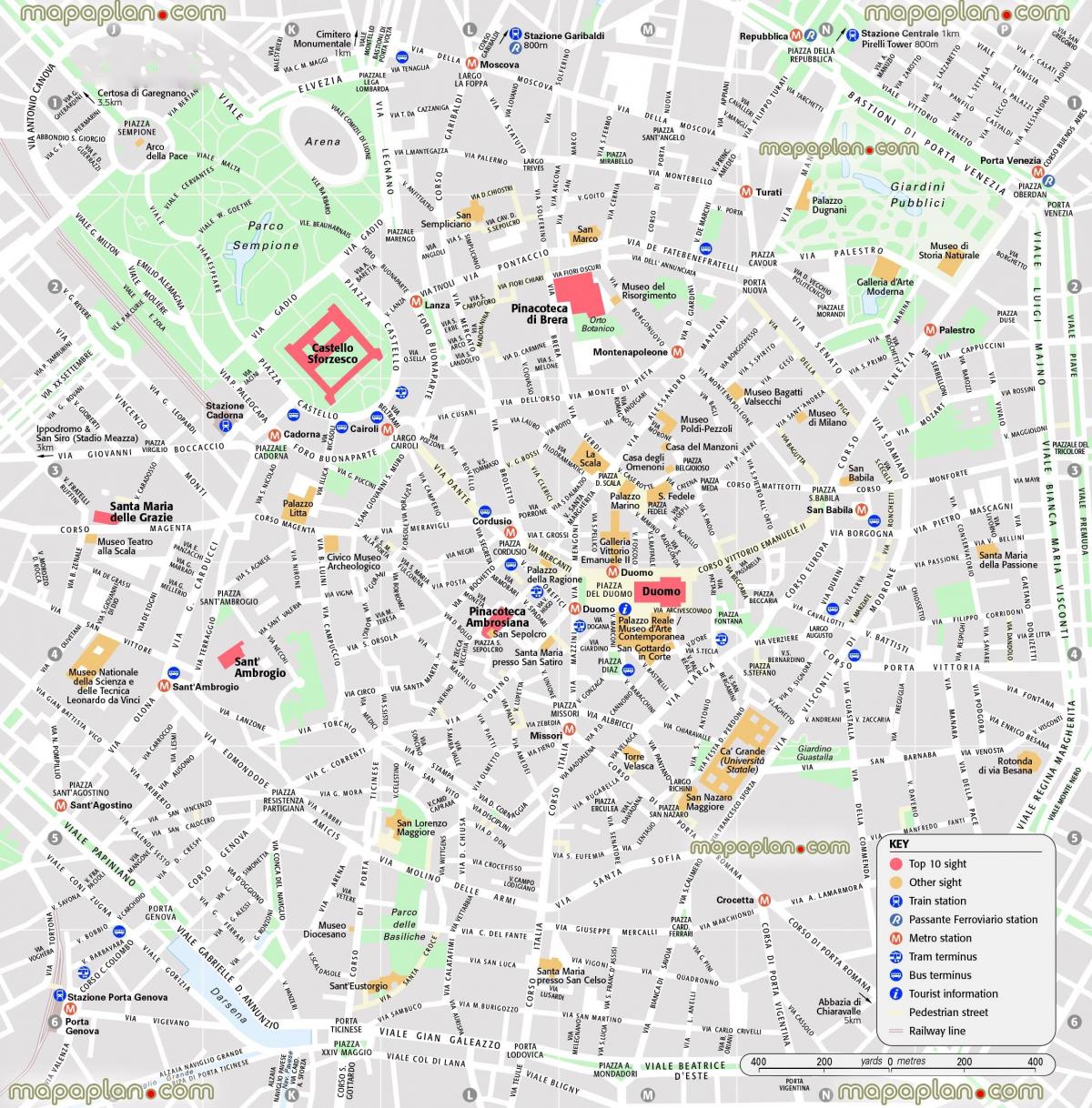 карта центра Милан, Италија