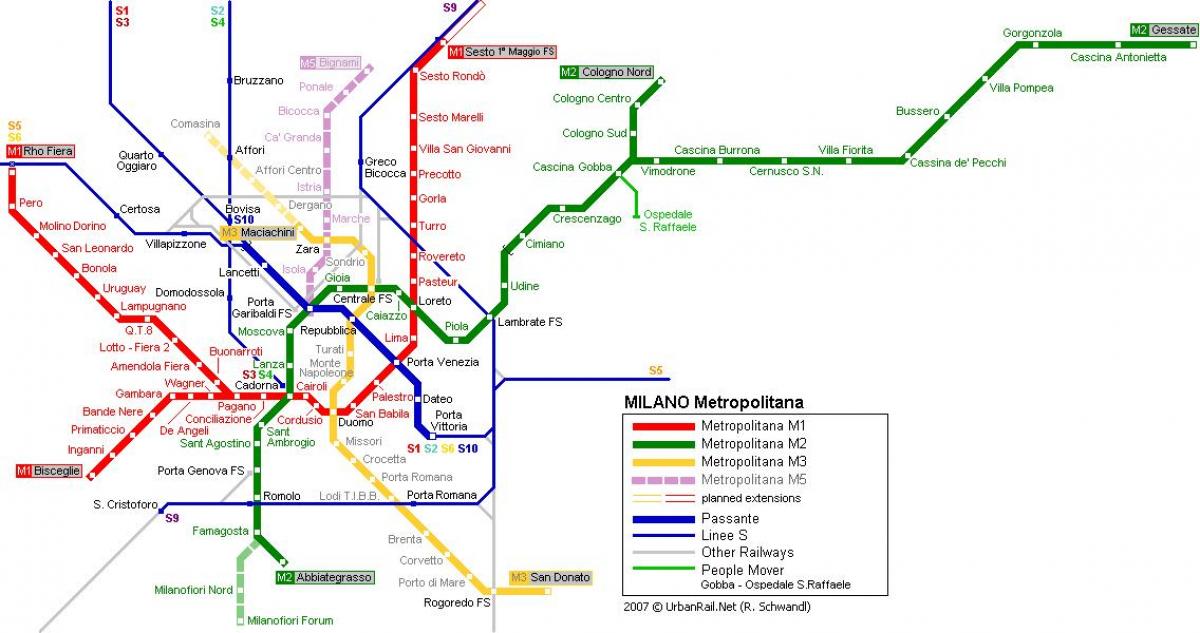 шема метро Милан 2016